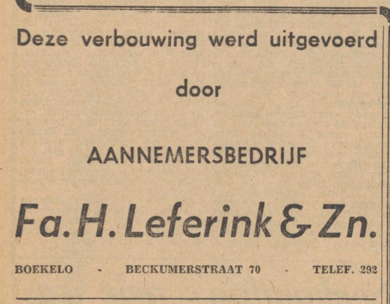 Beckumerstraat 70 Fa. H. Leferink en Zn Aannemersbedrijf advertentie Tubantia 21-11-1961.jpg