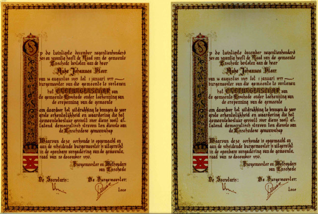 Mr. A.J. Vleer burgemeester 1965-1977 Oorkonde verleende ereburgerschap t.g.v. van diens afscheid.jpeg