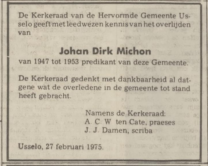J.D. Michon predikant Usselo 1946-1953 overlijdensadvertentie 27-2-1975.jpg