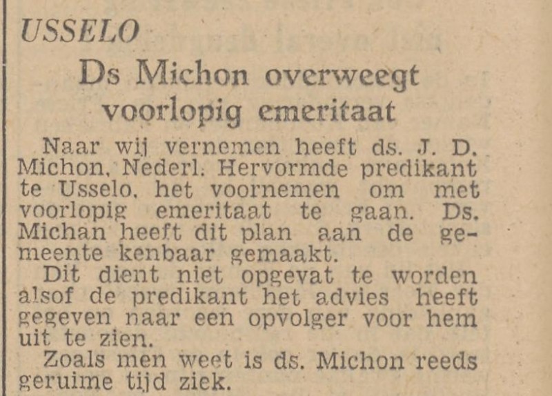Ds. J.D. Michon predikant Usselo  krantenbericht Tubantia 21-2-1953.jpg