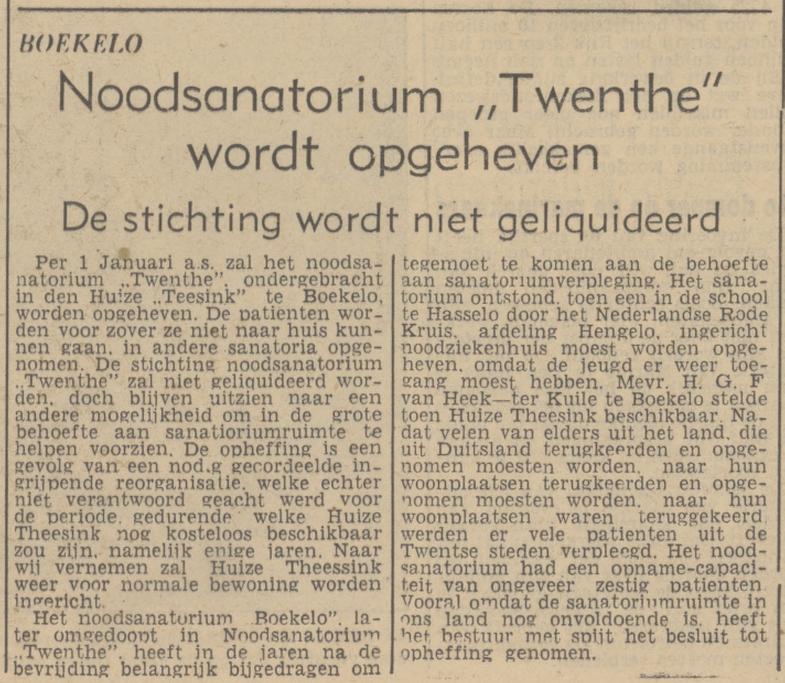 Boekelosestraat 275 Huize Teesink Noodsanatorium Twenthe krantenbericht Tubantia 18-11-1950.jpg
