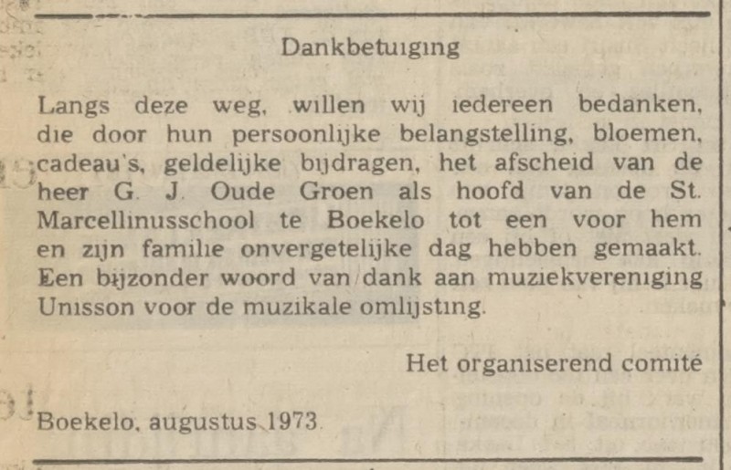 G.J. Oude Groen Hoofd Sinr Marcellinusschool krantenbericht Tubantia 18-8-1973.jpg