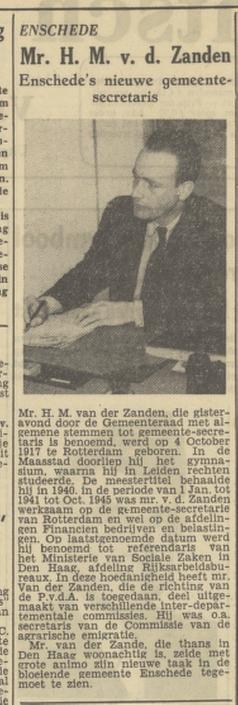 Mr. H.M. van der Zanden gemeentesecretaris Enschede krantenbericht Tubantia 28-3-1950.jpg