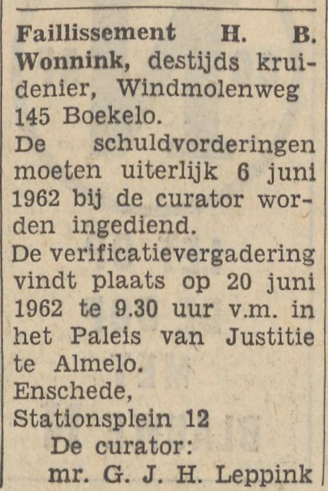 Windmolenweg 145 Boekelo H.B. Wonnink kruidenier advertentie Tubantia 24-5-1962.jpg