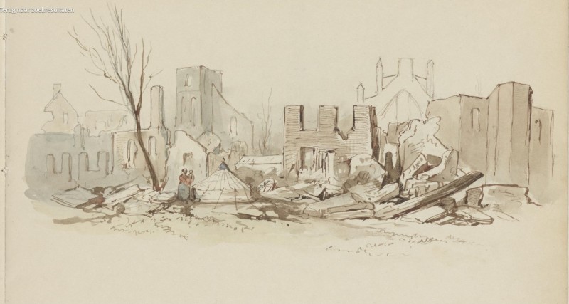 Stadsbrand Enschede 1862 Ruïnes met tent tekening Carel Christiaan Antony Last.jpg