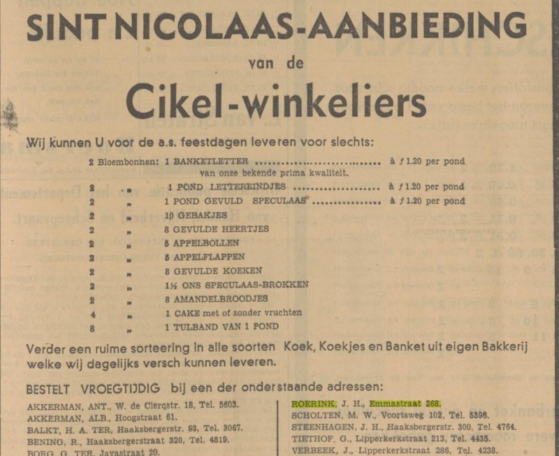 Emmastraat 268 Cikel-winkelier J.H. Roerink advertentie Tubantia 28-11-1940.jpg