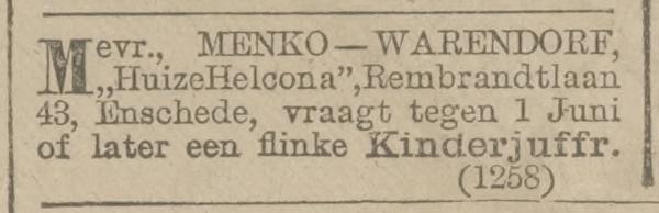 Rembrandtlaan 43 Huize Helcona Mevr. Menko-Warendorff krantenbericht 7-4-1917.jpg
