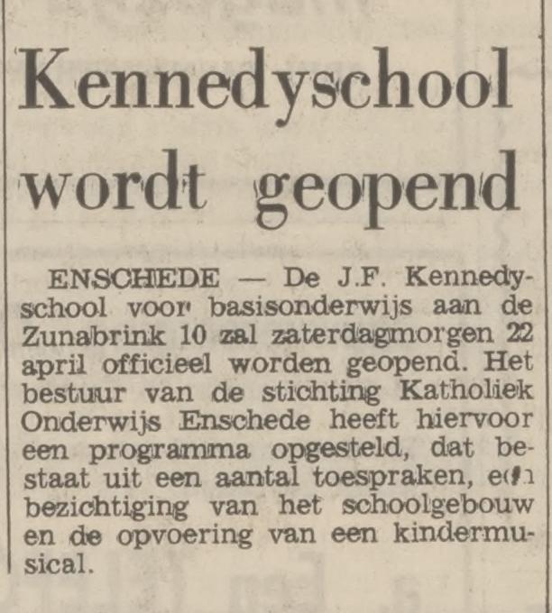 Zunabrink 10 J.F. Kennedyschool krantenbericht Tubantia 8-4-1972.jpg