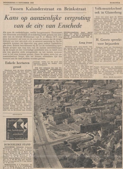 Brinkstraat 10-12 Kalanderstraat 37 fabriek N.J. Menko krantenbericht Tubantia 8-11-1962.jpg