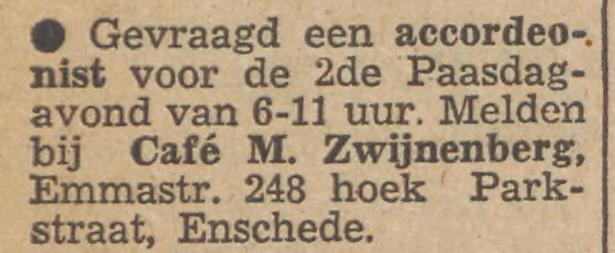 Emmastraat 248 hoek Parkstraat cafe M. Zwijnenberg advertentie Tubantia 7-4-1955.jpg