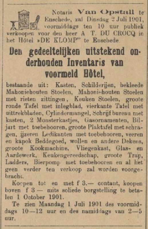 Gronausestraat Hotel De Klomp A.T. Du Crocq verkoop inventaris advertentie Tubantia 22-6-1901.jpg