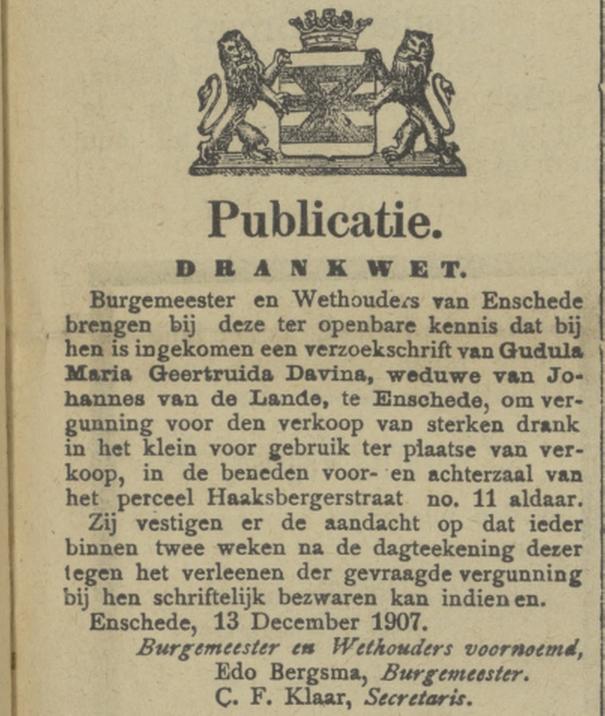 Haaksbergerstraat 11 J. van de Lande drankwet vergunning Tubantia 14-12-1907.jpg