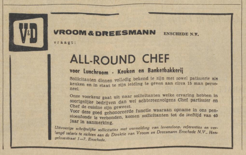 Hengelosestraat 1-7 Vroom & Dreesmann lunchroom advertentie De Volkskrant 8-7-1961.jpg