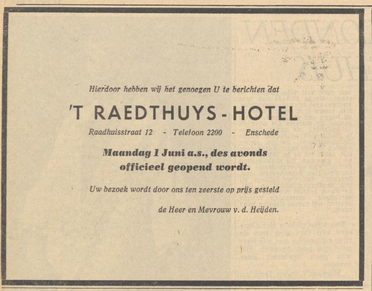 Raadhuisstraat 12 't Raedthuys Hotel opening advertentie Tubantia 30-5-1959.jpg