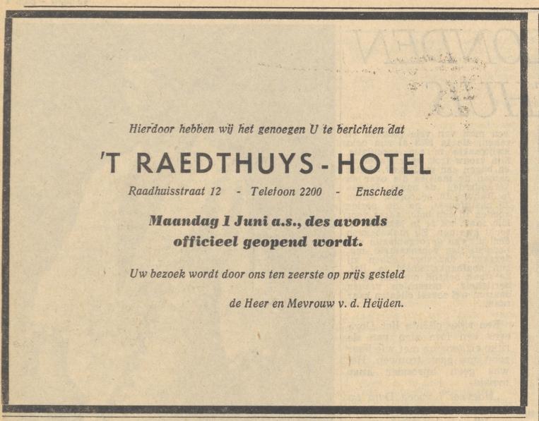 Raadhuisstraat 12 't Raedthuys Hotel opening advertentie Tubantia 30-5-1959.jpg