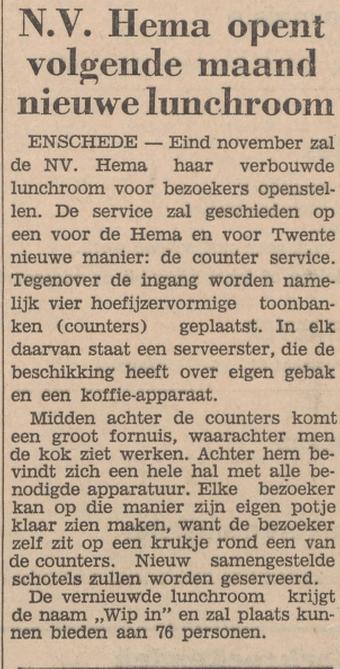 Gronausestraat 8 Hema lunchroom Wip in krantenbericht Tubantia 7-10-1964.jpg