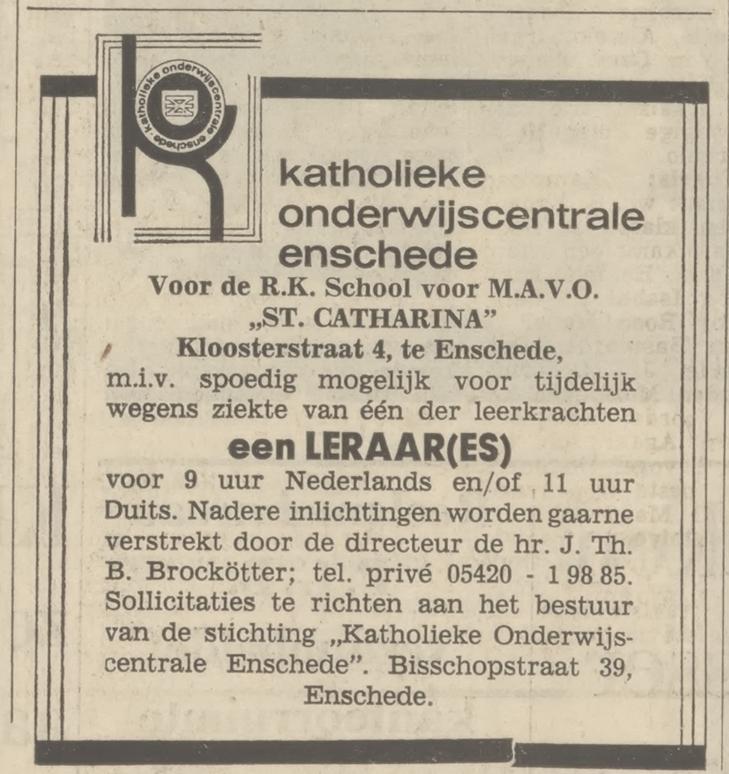 Kloosterstraat 4 R.K. Schhol voor St. Catharina mavo advertentie Tubantia 13-12-1969.jpg