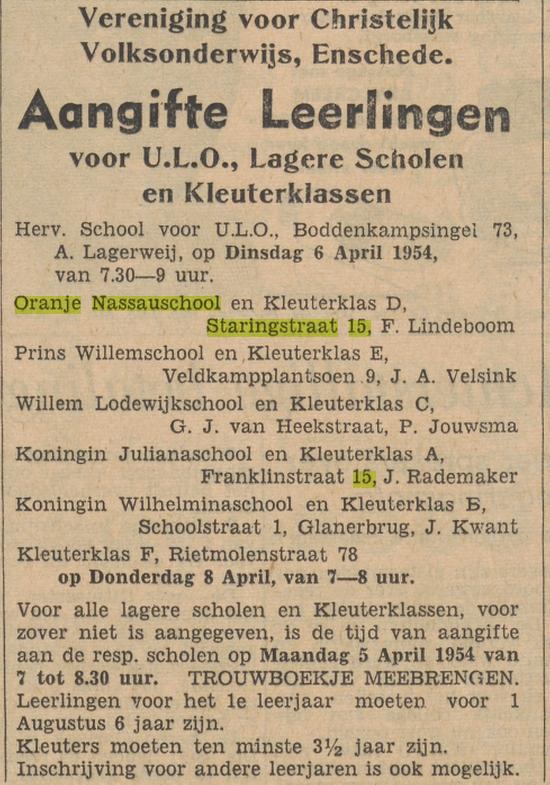 Staringstraat 15 Oranje Nassauschool Christelijk onderwijs advertentie Tubantia 31-3-1954.jpg