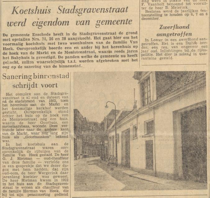 Stadsgravenstraat 34-36-38 vroeger koetshuis van fam. Van Heek krantenbericht Tubantia 23-4-1963.jpg
