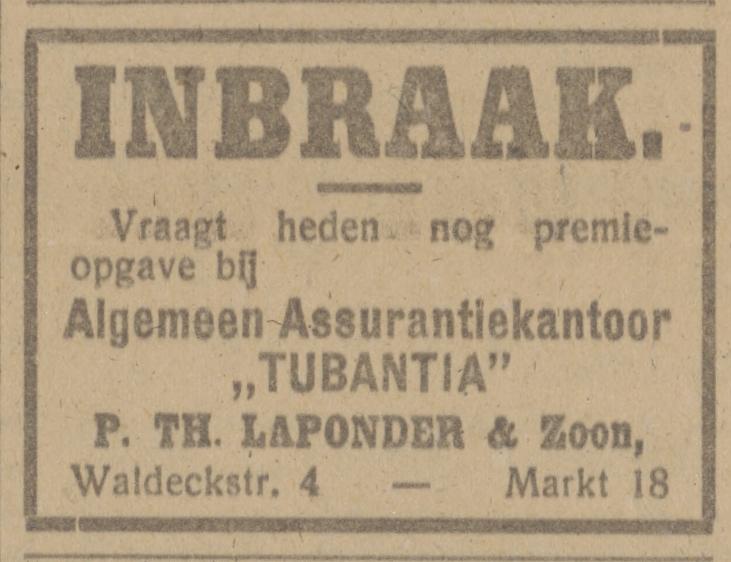 Markt 18 Algemeen Assurantiekantoor Tubantia P.Th. Laponder & Zoon advertentie Tubantia 29-11-1916.jpg
