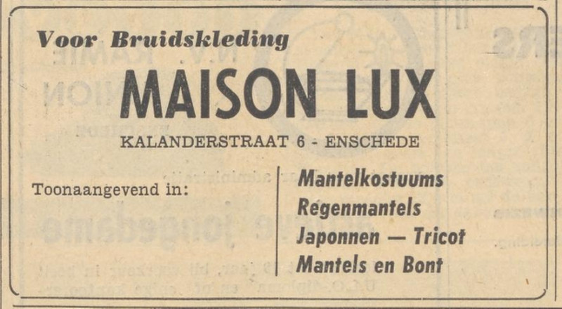 Kalanderstraat 6 Maison Lux bruidskleding advertentie Tubantia 6-5-1959.jpg