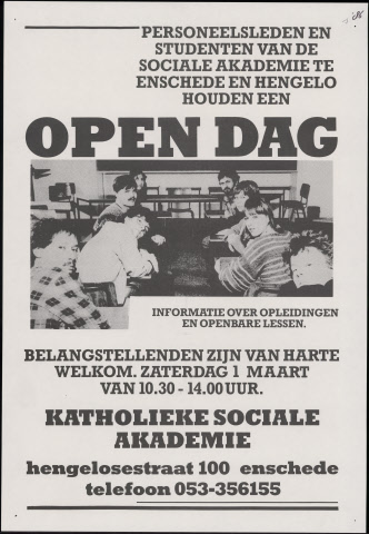 Hengelosestraat 100 Affiche Open Dag van Katholieke Sociale Akademie over opleidingen 1-3-1986.jpeg