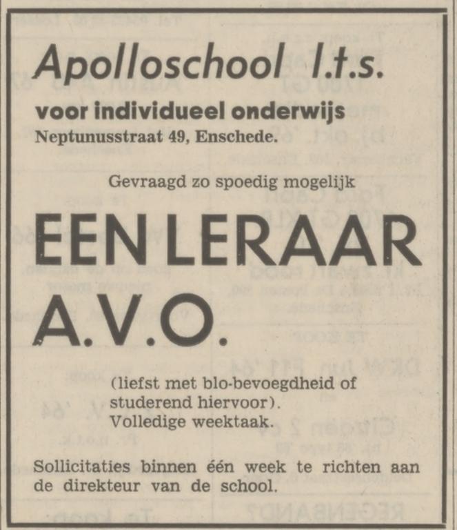 Neptunusstraat 49 Apolloschool LTS voor individueel onderwijs advertentie Tubantia 25-9-1972.jpg