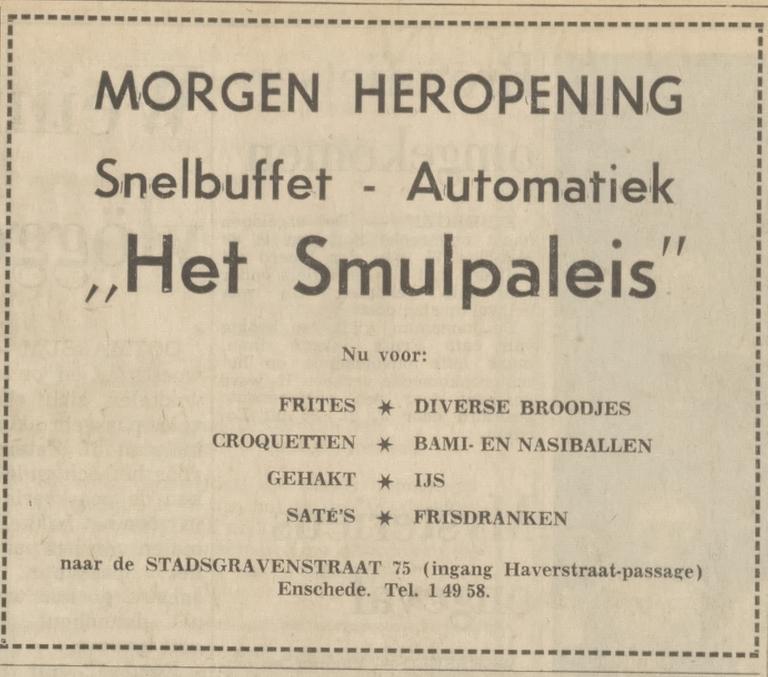 Stadsgravenstraat 75 Automatiek Het Smulpaleis advertentie Tubantia 31-3-1970.jpg