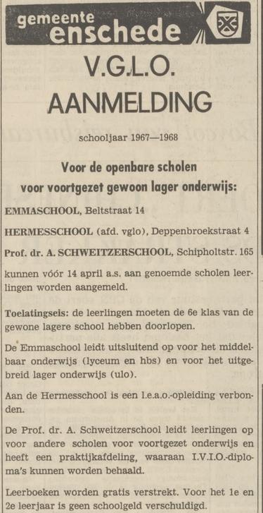 Beltstraat 14 VGLO Emmaschool advertentie Tubantia3-4-1967.jpg