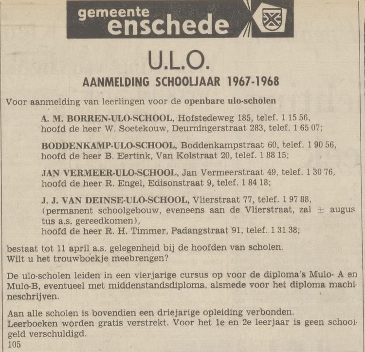 Vlierstraat 77 J.J. van Deinse Uloschool advertentie Tubantia 6-4-1967.jpg