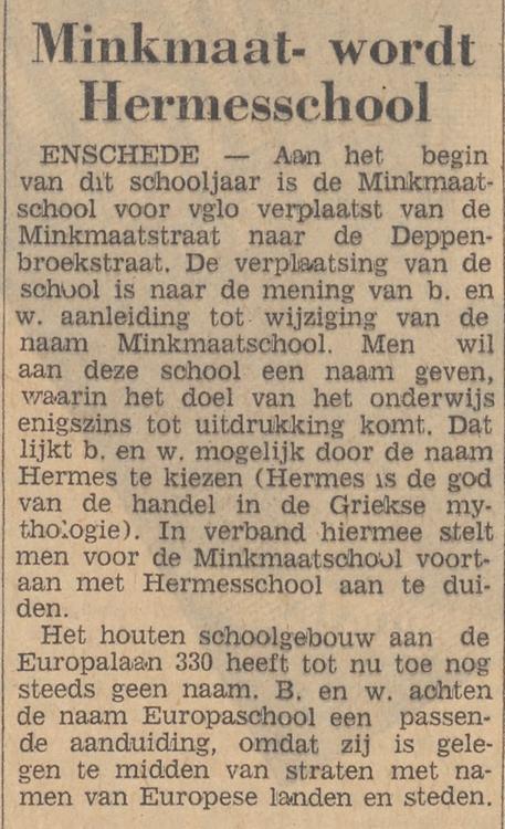 Minkmaatstraat 15a vglo Minkmaatschool wordt Hermesschool krantenbericht Tubantia 9-6-1965.jpg