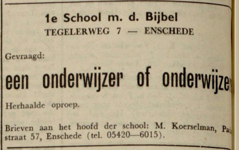 Tegelerweg 7 1e School met de Bijbel advertentie Gereformeerd Gezinsblad 3-9-1964.jpg