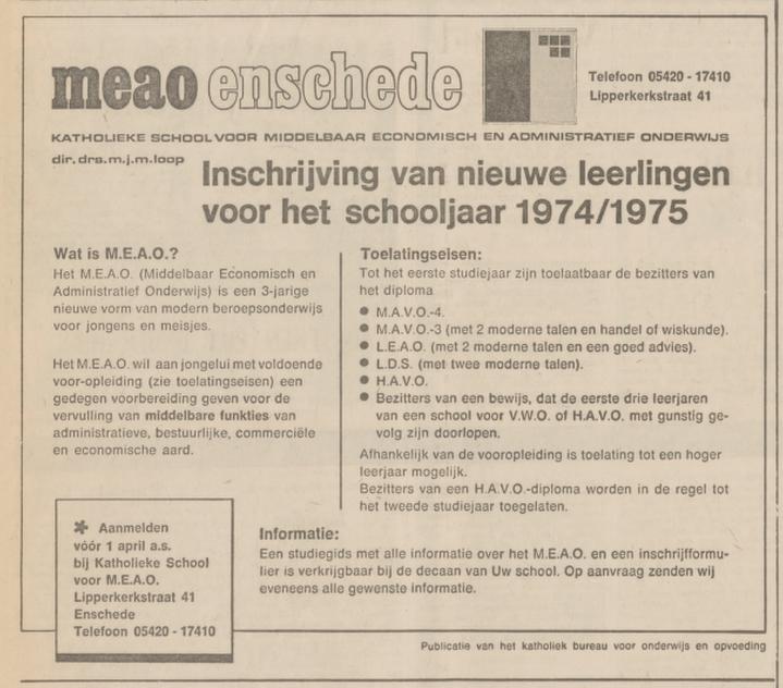 Lipperkerkstraat 41 Katholieke school voor MEAO advertentie Tubantia 2-2-1974.jpg