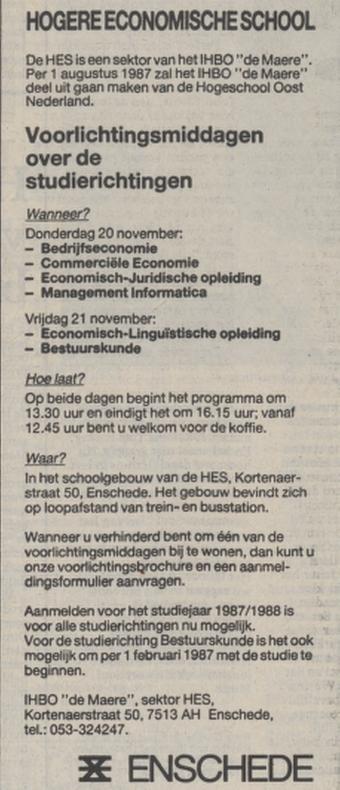 Kortenaerstraat 50 Hogere Economische School De Maere advertentie Tubantia 15-11-1986.jpg