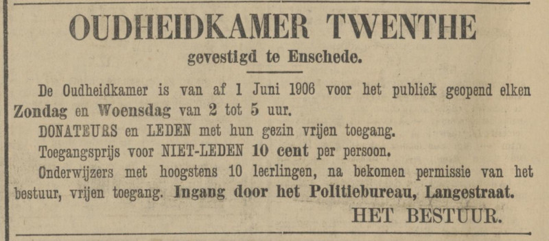 Langestraat 44 Oudheidkamer Twenthe ingang via politiebureau advertentie Tubantia 4-6-1906.jpg