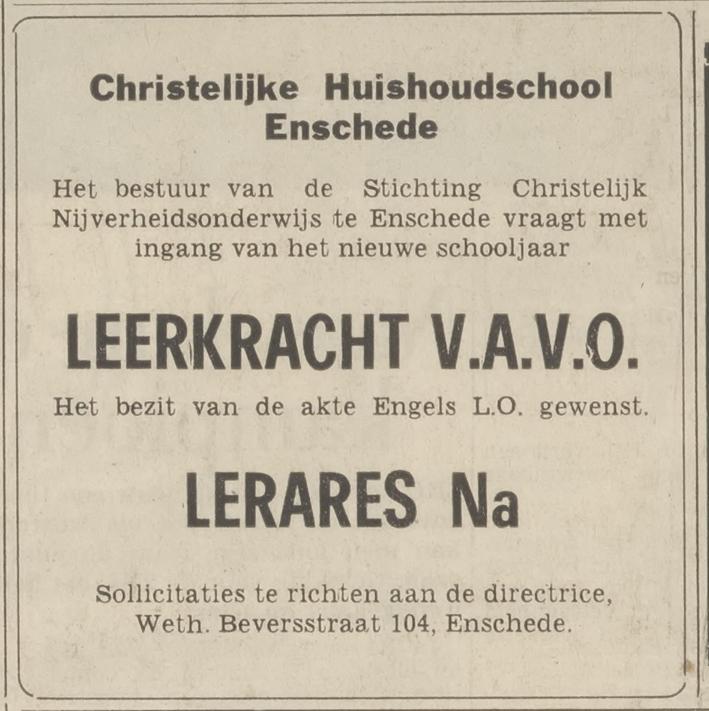 Wethouder Beversstraat 104 Christelijke huishoudschool advertentie Tubantia 5-5-1967.jpg