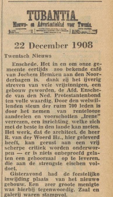 Noorderhagen 69 gebouw Irene cafe Hemken krantenbericht Tubantia 22-12-1908.jpg