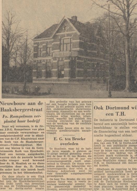 Haaksbergerstraat 244 hoek Veldkampstraat g pastorie Gereformeerde bewoond door Ds Meulink krantenfoto Tubantia 4-2-1960.jpg