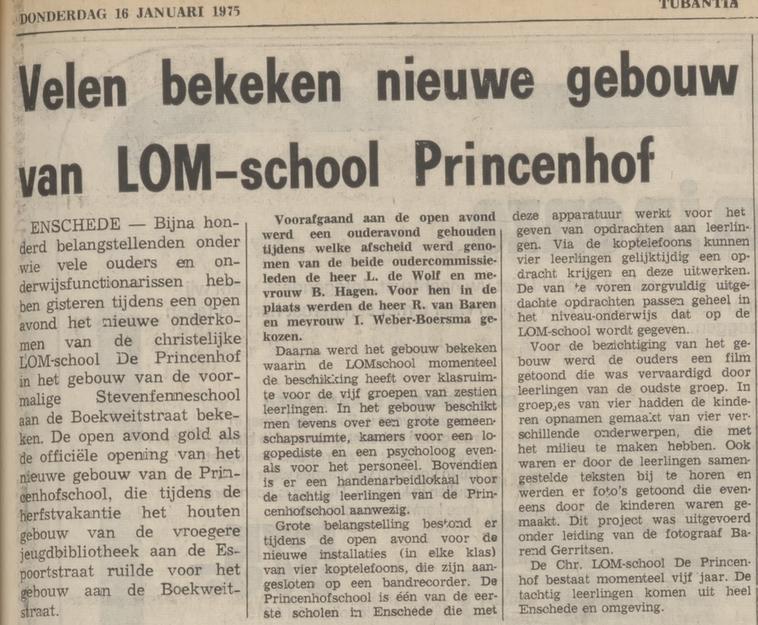 Boekwweitstraat 16 LOM-school Princenhof in gebouw vm Stevenfenneschool krantenbericht Tubantia 17-1-1975.jpg