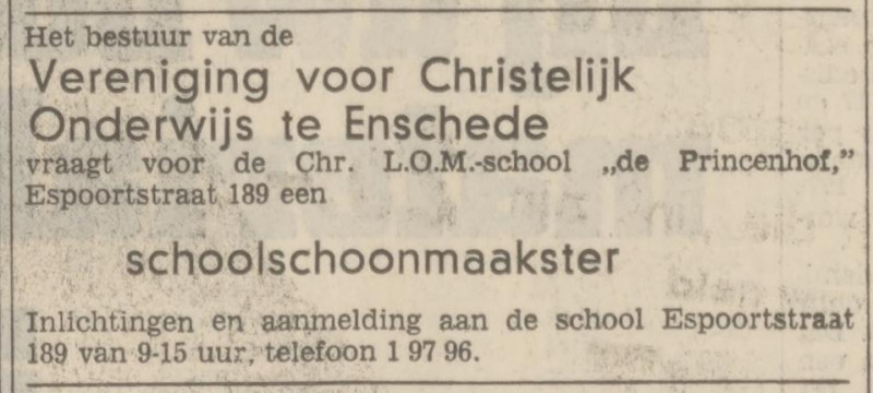 Espoortstraat 189 Christelijke LOM school De Princenhof advertentie Tubantia 26-10-1972.jpg