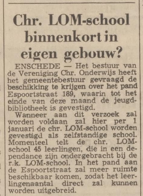 Espoortstraat 189 Chr. LOM School in jeugdbibliotheek krantenbericht Tubantia 1-10-1969.jpg