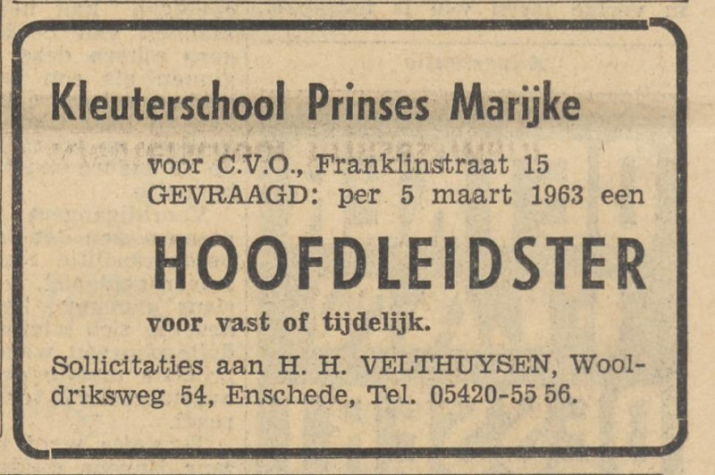 Franklinstraat 15 kleuterschool Prinses Marijke advertentie Tubantia 11-2-1963.jpg