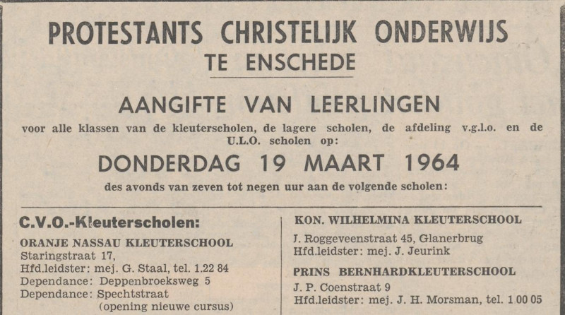 Jacob Roggeveenstraat 45 CVO kleuterschool Koningin Wilhelmina advertentie Tubantia 14-3-1964.jpg
