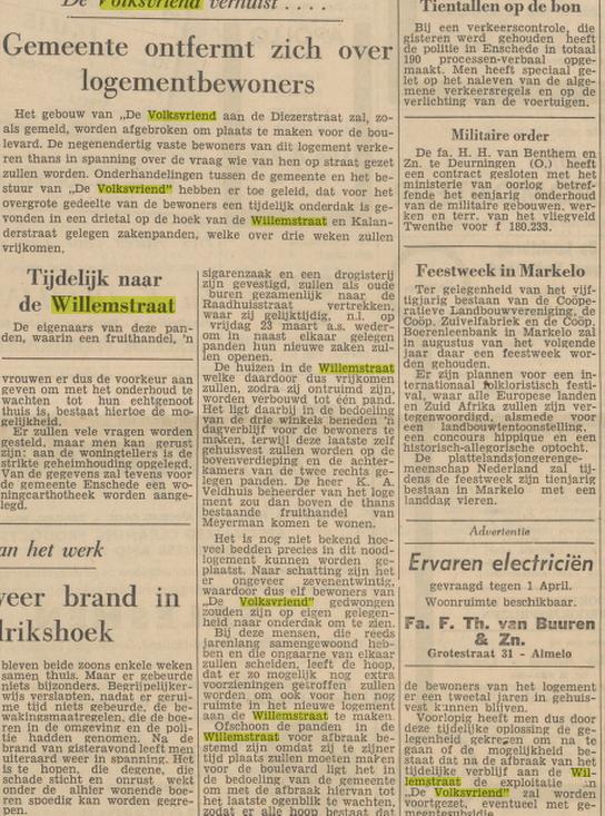 Willemstraat 21-27 hoek Kalanderstraat tijdelijke locatie logement De Volksvriend krantenbericht Tubantia 3-3-1956.jpg