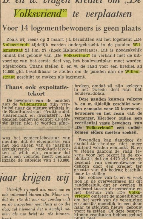 Willemstraat 21-27 hoek Kalanderstraat tijdelijke locatie logement De Volksvriend krantenbericht Tubantia 13-4-1956.jpg