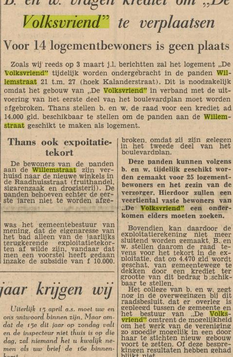 Willemstraat 21-27 hoek Kalanderstraat tijdelijke locatie logement De Volksvriend krantenbericht Tubantia 13-4-1956.jpg