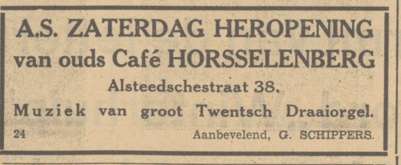 Alsteedsestraat 38 cafe G. Schippers vroeger cafe Horsselenberg advertentie Tubantia 24-11-1933.jpg