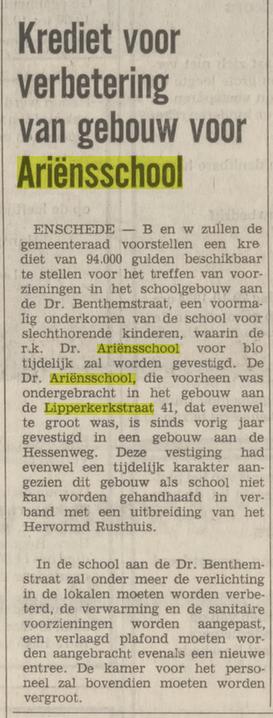Lipperkerkstraat 41 R.K. Dr. Ariensschool later Dr. Benthemstraat krantenbericht Tubantia 28-10-1974.jpg