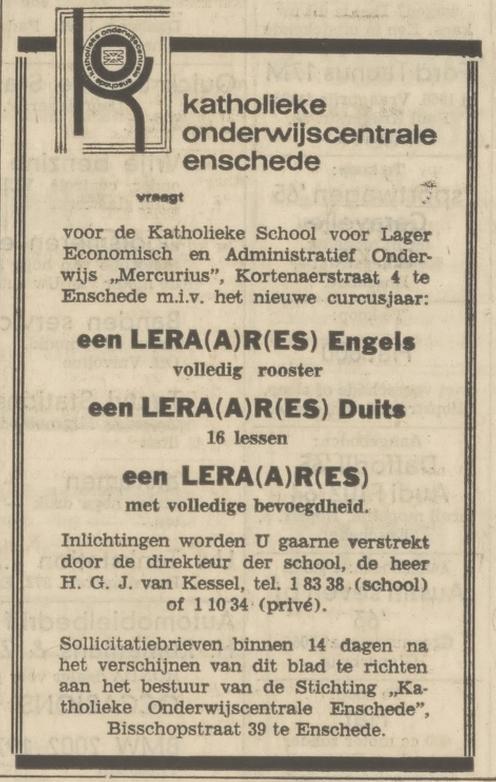 Kortenaerstraat 4 Katholieke School LEAO Mercurius advertentie Tubantia 9-5-1970.jpg