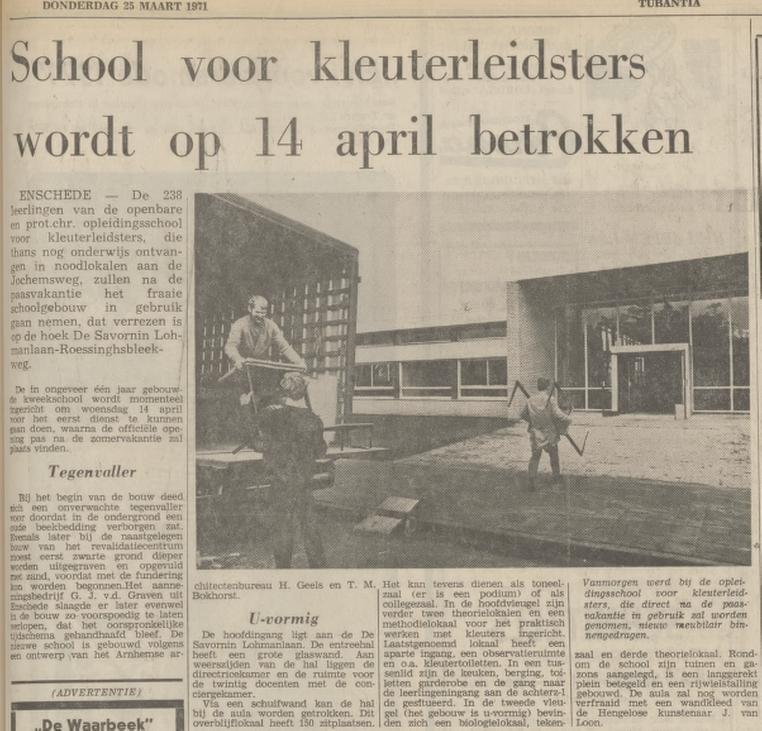 Minister de Savornin Lohmanlaan 58-kweekschool Opleidingsschool voor kleuterleidsters krantenbericht Tubantia 25-3-1971.jpg
